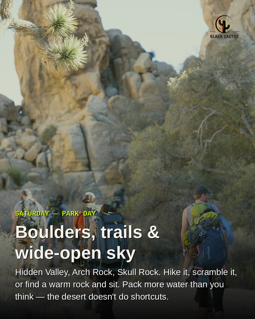 Hikers on a trail among the boulders in Joshua Tree National Park