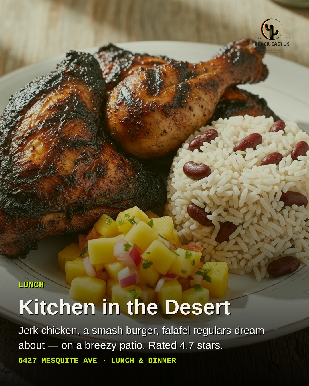 Jerk chicken with rice and beans